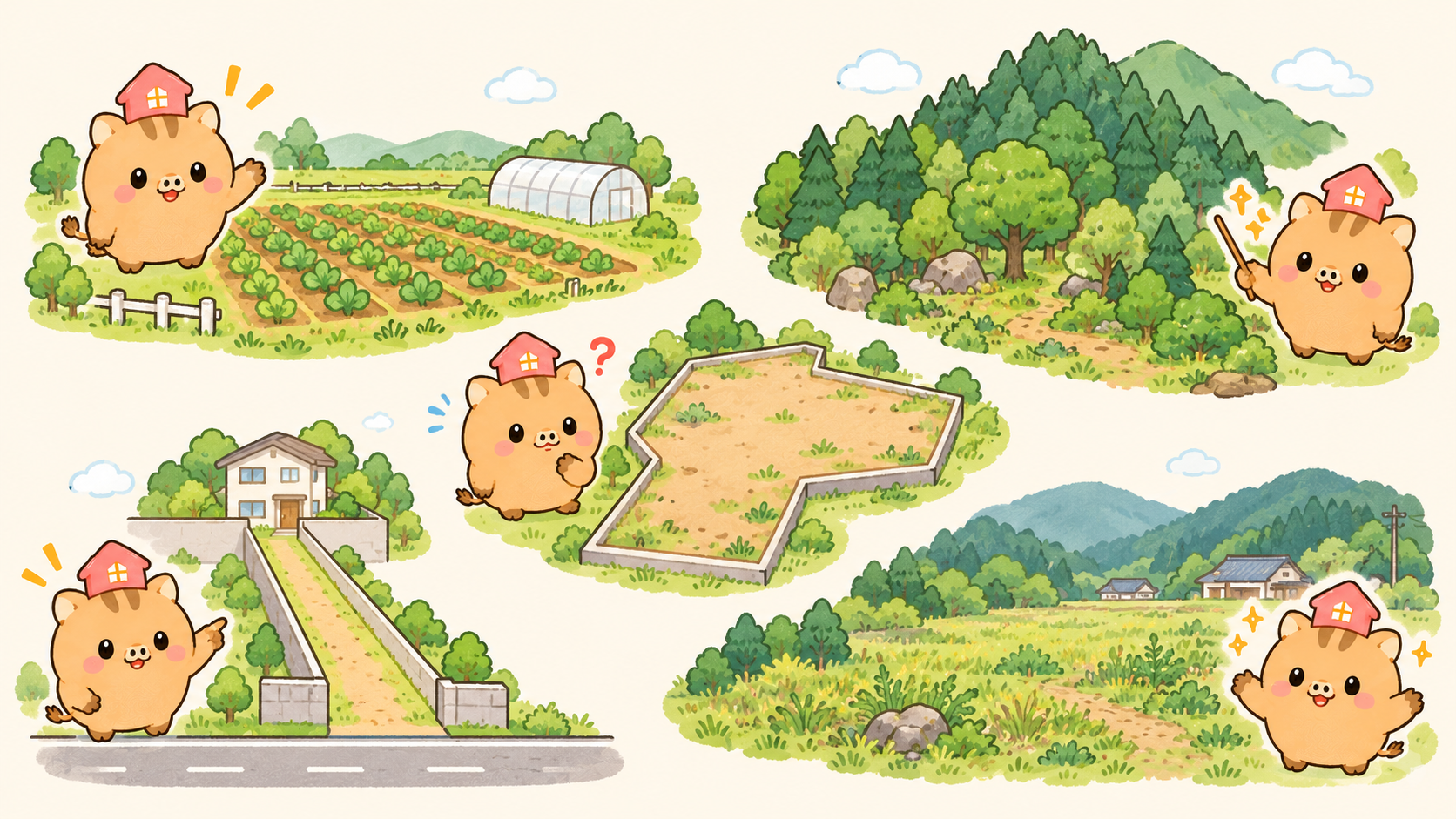 田畑や山林や変形地などをまとめたイメージイラスト