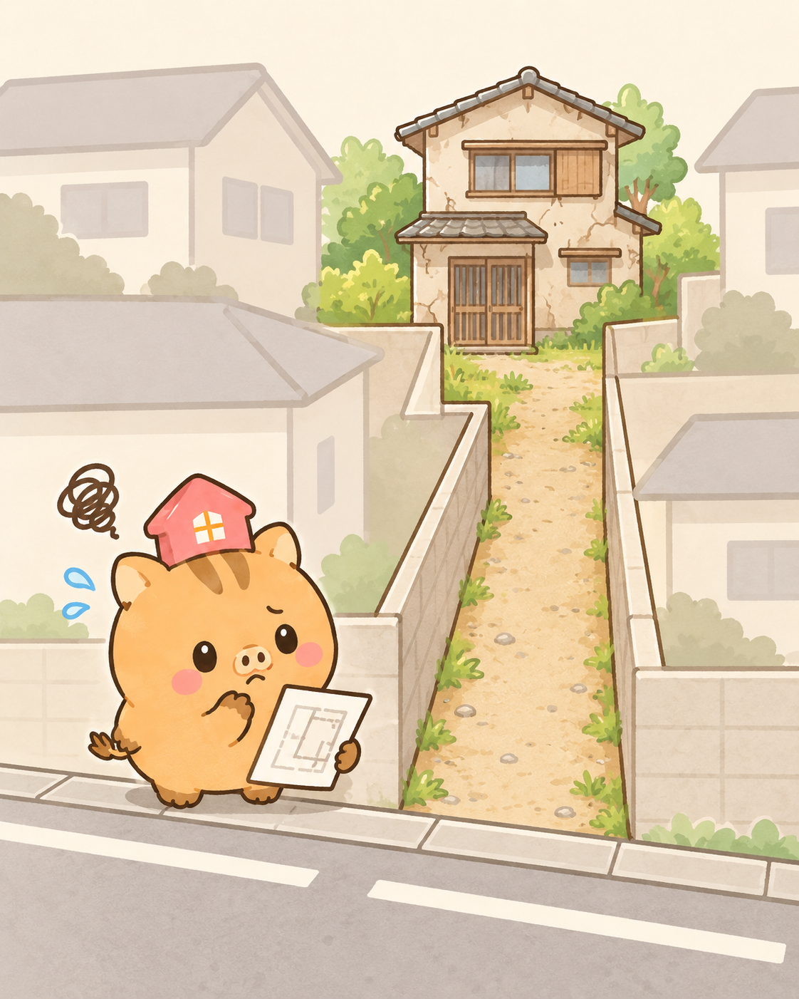 狭い道路と古家のイメージイラスト