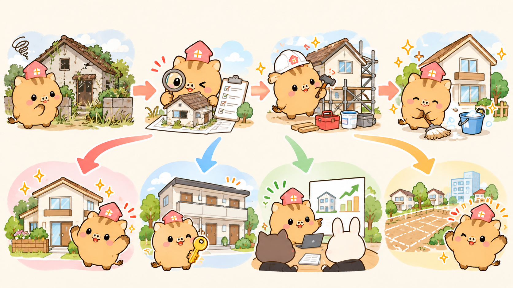 空き家再生と活用ルートを表す図解イラスト